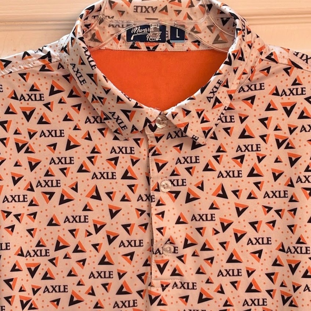 Inward Half Golf Polo Mns L White Orange Polyester Spandex Axle Print Sporty Top - Picture 7 of 8